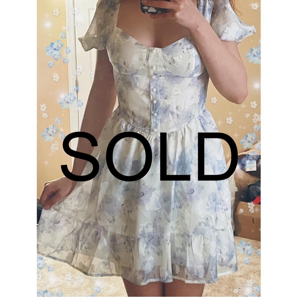 Light blue floral patterned dress, coquette styled. mini dress. Aesthetic.